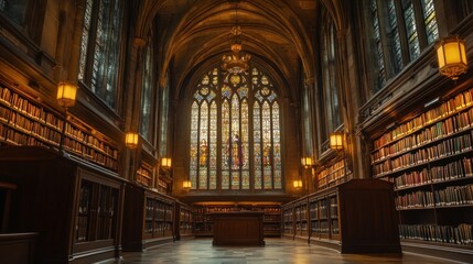 A grand library interior featuring tall stained glass windows and wooden bookshelves.