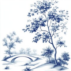 Serene Toile de Jouy Pattern of Rural French Countryside Landscape with Pond and Bridge