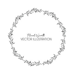 Floral wreath with leaves and branches. Decorative elements for wedding design. Ink hand drawing illustration, rustic styles.