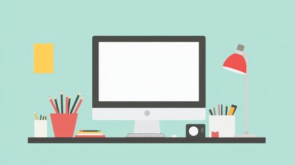 A minimalist workspace featuring a computer, desk lamp, and stationery items.