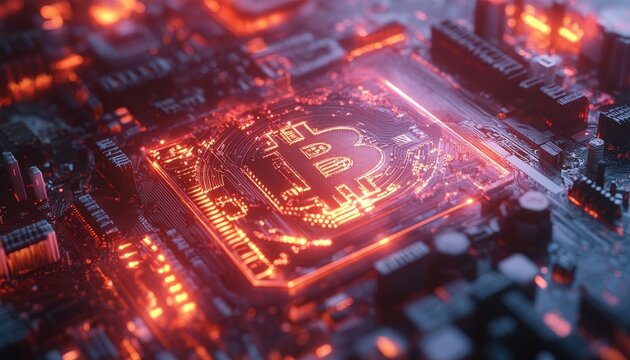 Stunning visual of bitcoin blockchain mining technology with a digital background wallpaper