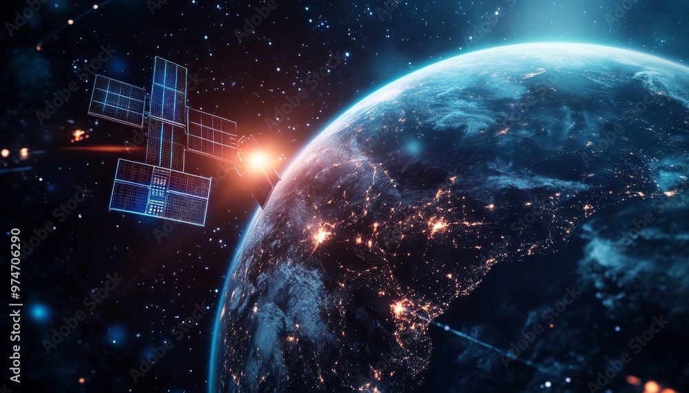 Aufkleber telecom satellite orbiting earth with futuristic hologram data for internet and gps connectivity