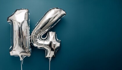 Banner with number 14 silver balloons with copy space