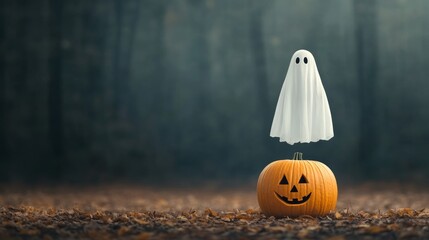 Eerie Ghost Hovering Above Pumpkins on Haunting Halloween Night