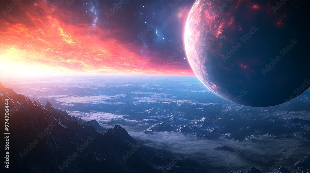 Poster otherworldly alien planet landscape viewed from spaceship window with epic space background - futuri