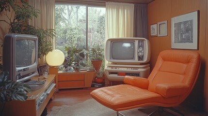 Fototapeta premium Retro Vintage Living Room with Evolving Technology and Home Decor Style