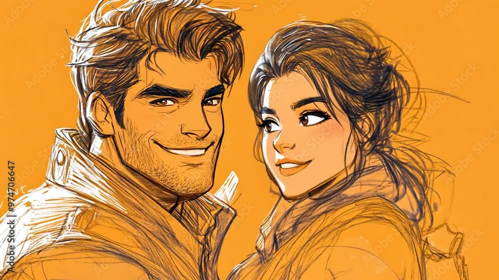 Poster couple smiling together in a colorful sketch style portrait generative ai