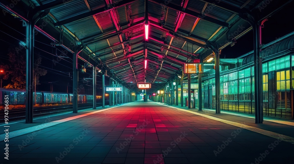 Wall mural A vibrant night scene at a train station with colorful lighting and empty platforms.