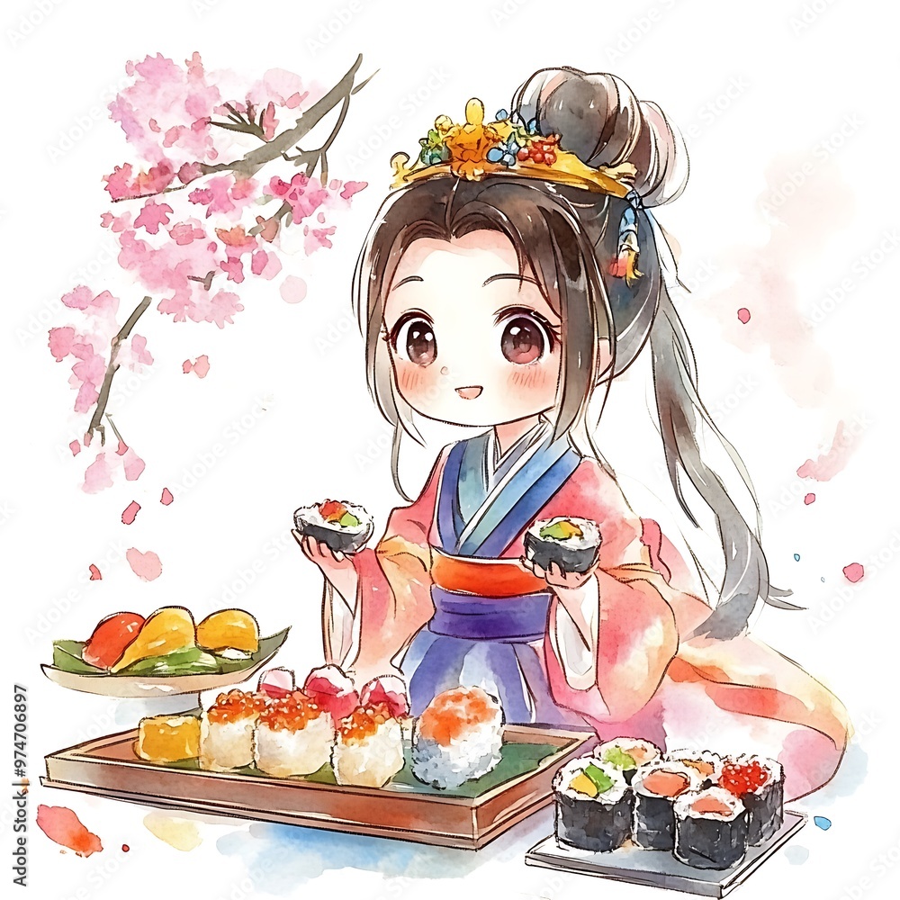 Poster Cute Anime Girl in Kimono Enjoying Sushi with Cherry Blossoms.