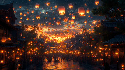 Fototapeta premium An enchanted cityscape at twilight, where the streets are lined with glowing lanterns. People are seen releasing floating lanterns into the sky, their expressions filled with awe and joy as the glowin