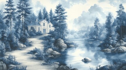 Enchanting Snowy Landscape with Idyllic Cottage by the Frozen Lake