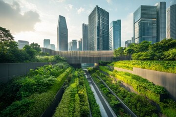 Fototapeta premium A modern city skyline merging architecture and greenery for sustainable urban design