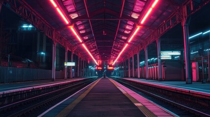 A neon-lit train station platform at night, showcasing vibrant colors and empty tracks.