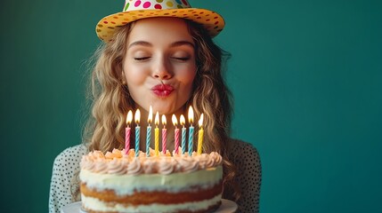 Beautiful young woman wearing party hat blowing candles on birthday cake against green background : Generative AI