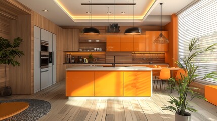 Modern orange kitchen with island and wooden floor