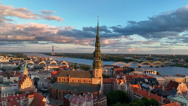 Aerial view of the Riga Old Town at sunset in Latvia.