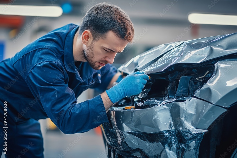 Poster auto repair technician fixes front of gray car with paint damage after collision in workshop