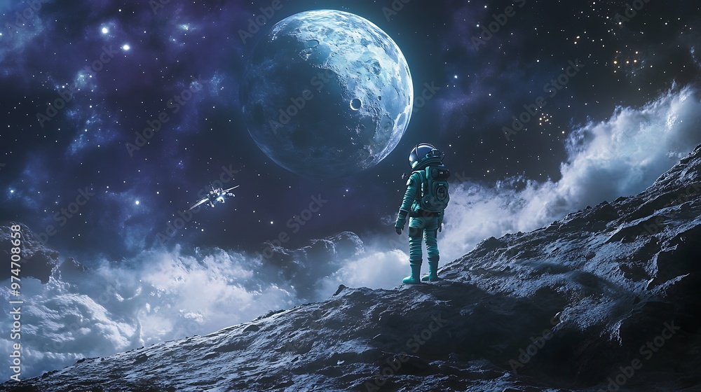 Poster alien adventure: space explorer collecting samples on mysterious moon with nebula background in cart