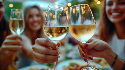 Happy friends having fun drinking white wine at street food festival  Young people eating local plate at restaurant reopening together  Travel and dinning life style concept on light n : Generative AI