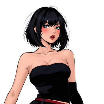 Chica linda de pelo negro muy corto, enfundada en un vestido negro