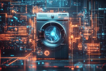 Futuristic washing machine amidst glowing digital patterns and holographic laundry imagery