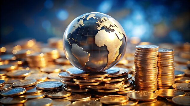 Global Finance Theme, Globe resting on coins ,Represents money and wealth concepts background
