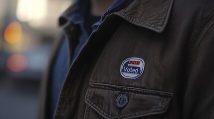 A close up of person wearing jacket with an Voted sticker on collar, symbolizing pride in participating in election. 