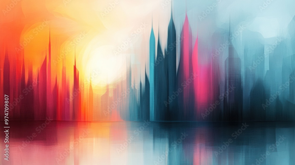 Wall mural a painting of a colorful cityscape with the sun setting in it, ai