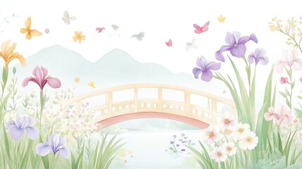 A serene landscape featuring a colorful bridge, blooming flowers, and butterflies, perfect for nature-themed designs and projects.