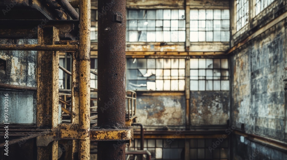 Poster An interior view of an abandoned industrial space with rusted metal structures and large windows.