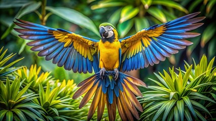 Vibrant macaw perches on a lush green branch, spreading its wings to reveal a stunning kaleidoscope of blues, yellows, and emerald greens in a tropical setting.