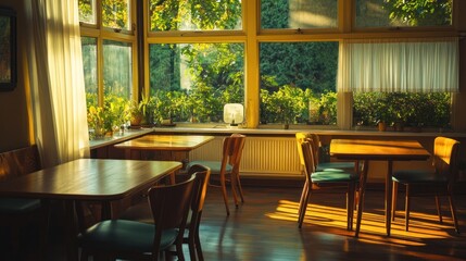 Fototapeta premium A cozy café interior bathed in warm sunlight, featuring wooden tables and lush greenery.