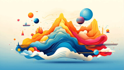 Set of wedding invitation with watercolor aquarelle landscape mountain background