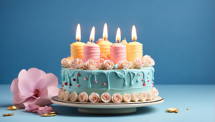 Birthday Cake with 6 Six Candles on Pastel Background