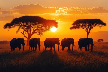 Fototapeta premium majestic elephant herd silhouetted against a vibrant orange sunset sky acacia trees frame the foreground casting long shadows across the parched savanna grass