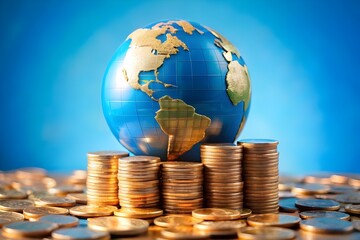 Global Finance Theme, Globe resting on coins ,Represents money and wealth concepts background
