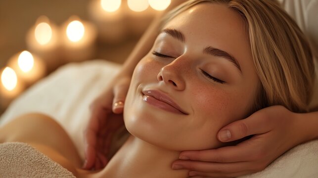 Young Blonde Woman Enjoying Relaxing Massage Lying On Bed Masseur Massaging Her Neck And Face At Spa Indoors Closeup Relaxation Beauty And Wellness Concept Panorama : Generative AI