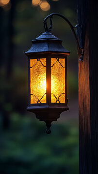 Warm Lantern Glow at Dusk, Antique Metal Design Against Soft Forest Background