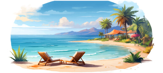 Beautiful panoramic sea sand sky. Tropical relax beach sunny summer island landscape. Love couple chairs umbrella palm leaves romantic coast. Luxury travel destination. Honeymoon vacation best tourism