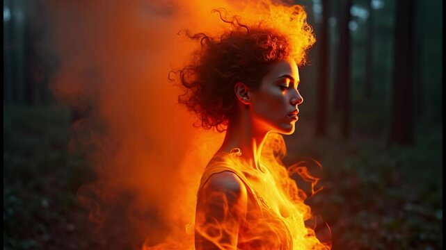 Mysterious fire elemental woman, fire and smoke