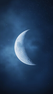 Crescent Moon in a Starry Night Sky, Detailed Lunar Surface