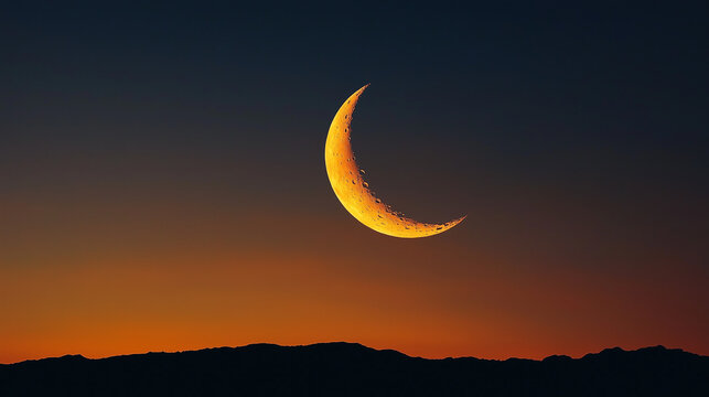 Golden Crescent Moon at Sunset, Vibrant Sky with Mountain Silhouette