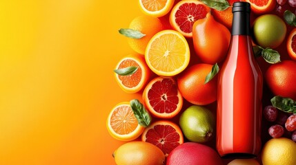 A bottle of wine surrounded by fruit and leaves on a yellow background, AI