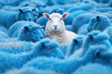 One White Sheep Among Blue:  A single white sheep stands out amidst a flock of blue sheep,...