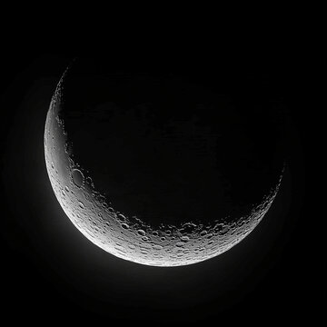 Crescent Moon in Black and White, Close-up Lunar Surface Texture