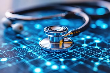 Digital Healthcare: A silver stethoscope lies on a circuit board, symbolizing the intersection of technology and medicine, evoking themes of innovation, progress, and the future of healthcare.