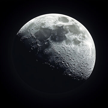 Quarter Moon with Visible Lunar Craters, Black Space Background
