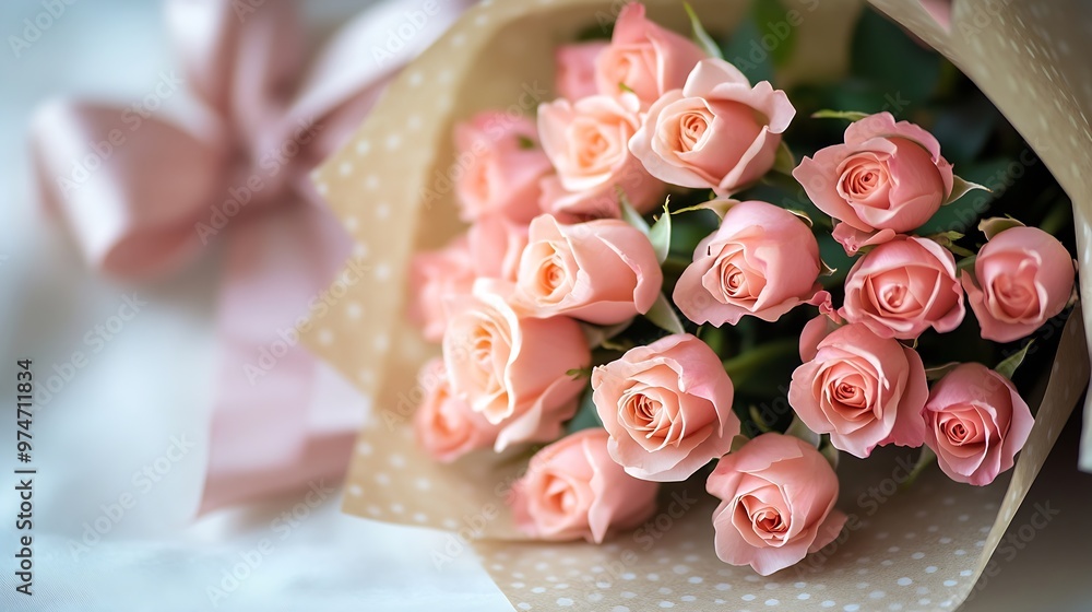 Poster a bouquet of small pink roses in a craft paper package tied with a ribbon with a bow isolated : gene