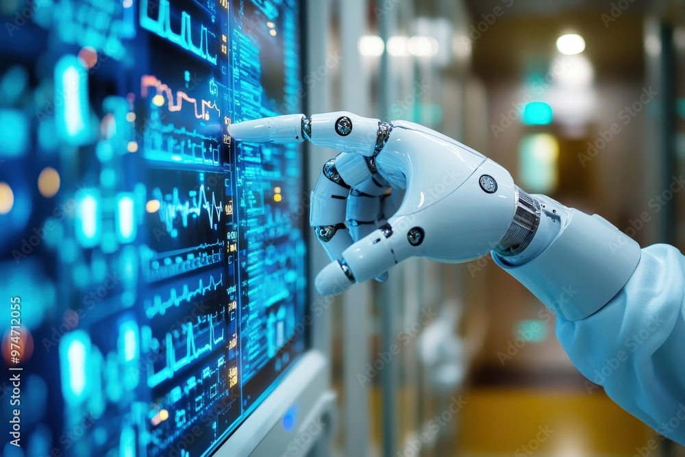 Poster ai precision in action: advanced robotic arm analyzes vital medical data on a vibrant digital interf