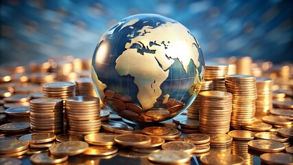 Global Finance Theme, Globe resting on coins ,Represents money and wealth concepts background
